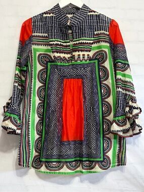 Red Navy Green Aleutian Print Cotton BELL’S Fine Garments Frill Cuff Tunic 8 EUC